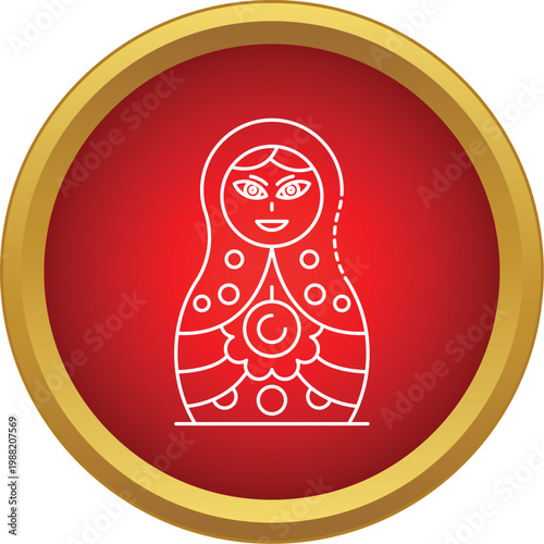 Matryoshka doll outline icon in a golden ring on a red circular background