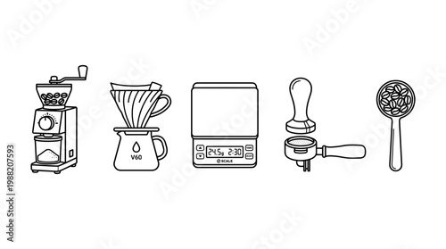 Coffee brewing equipment and tools are neatly arranged in a minimalist line art illustration, showcasing various methods for preparing delicious coffee.