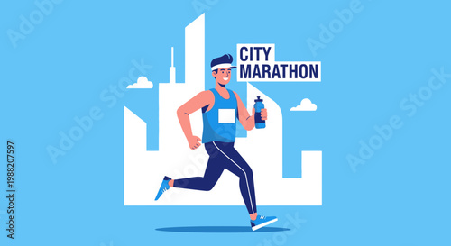 Energetic Runner In Sportswear During City Marathon With Buildings Graphics Illustration
