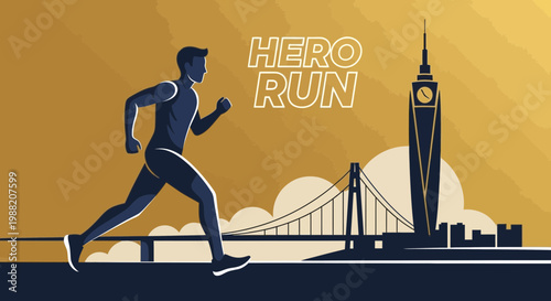 Energetic Runner In Silhouette With Urban Skyline During A Marathon Hero Run Design