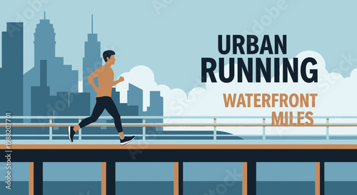 Energetic Runner In Urban Environment, Waterfront Path, Against City Skyline Illustration