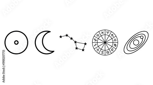 Astronomical and astrological symbols are depicted in a clean, minimalist outline style, representing celestial bodies, constellations, and zodiac signs for cosmic themes.