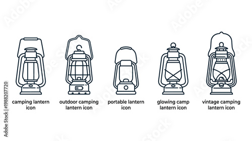 Five different camping lantern line art icons illustrating various styles of portable light sources for outdoor adventures and wilderness exploration.