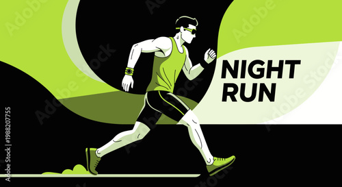 Energetic Night Runner Under Green Glow Vector Illustration For Fitness And Wellness