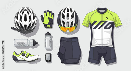 Essential Cycling Gear Presentation: Illustrated Sportswear, Tools, and Safety Equipment