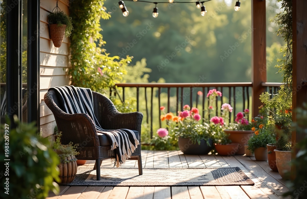Naklejka premium Outdoor wicker chair with striped blanket on wooden porch. Potted flowers and string lights decorate cozy balcony. Peaceful retreat with garden view and natural setting.