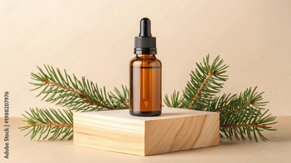 Fototapeta premium Amber glass dropper bottle on wooden block with pine branches