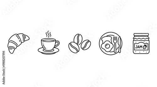 Breakfast icons set featuring a delicious croissant, steaming hot coffee, aromatic coffee beans, a hearty fried egg with toast, and a sweet jam jar, ideal for morning meal concepts.