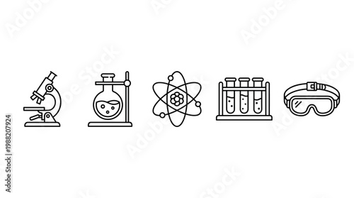 Science laboratory equipment icons representing various research tools essential for conducting experiments, educational purposes, and groundbreaking scientific discovery.