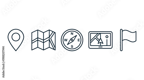 Location pin, folded map, compass, GPS, and flag icons represent essential tools for travel, exploration, and finding your way to a specific destination.