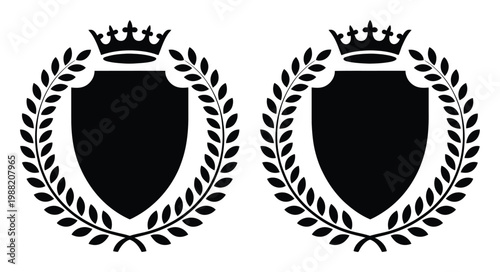Two Black Shields with Laurel Wreaths and Crowns on White Background