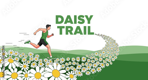 Energetic Runner on Daisy Trail amidst Natural Landscape with Blossoming Flowers
