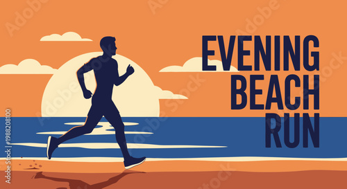 Evening Beach Run Silhouetted Runner Against Orange Sky and Blue Sea