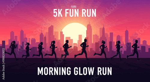 Evening City 5K Fun Run Illustrated With Silhouettes Against A Vibrant Sunset Sky