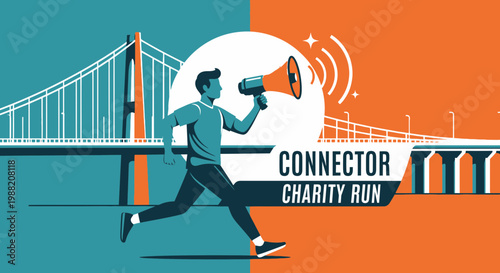 Energetic Runner Promoting Charity Event Over Bridge, Announcing Run for Awareness and Support