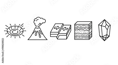 Geology icons representing earth science concepts like volcanoes, tectonic plates, sedimentary layers, craters, and crystals in a simple line art style.