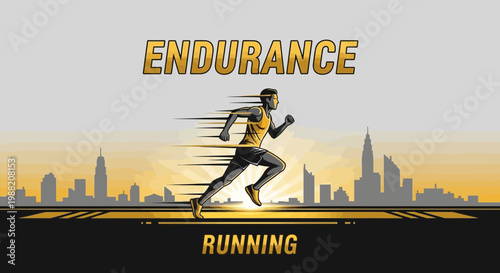Energetic Runner Achieving Endurance Goals With City Skyline Background Graphic Art