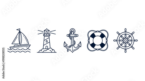 Nautical marine sailing boat lighthouse anchor lifebuoy ship wheel icons in a clean line art style representing sea travel and adventure.