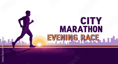 Evening City Marathon Race Illustration Depicting Athlete Silhouette Against Sunset Backdrop