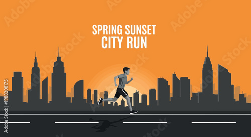 Evening City Marathon: Silhouette of Runner Against Urban Sunset Backdrop