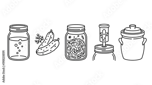 Pickling and fermentation process icons illustrating various stages of making homemade preserved vegetables, condiments, and other fermented food items.