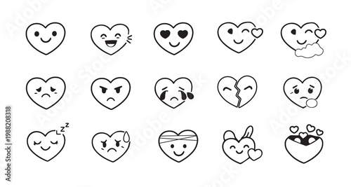 Cute Heart Emotions Line Icons Set – Love Emoji Faces, Happy Sad Broken Heart Vector Collection