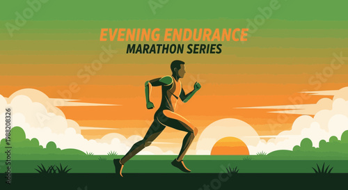 Evening Endurance Marathon Series Athlete in Silhouette Training During Sunset Running