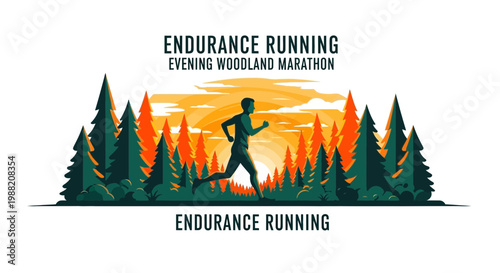 Evening Endurance Runner Amidst Forest at Sunset, Graphic Promoting Health and Fitness