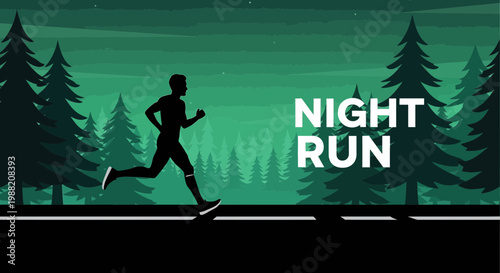 Evening Forest Run: Night Silhouette of A Marathon Runner In Natural Scenery