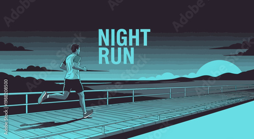 Evening Jogger Running On Boardwalk Under Cloudy Atmosphere During The Night