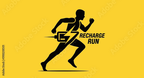 Energetic Runner Silhouette With Abstract Battery and Bold Recharge Run Typography