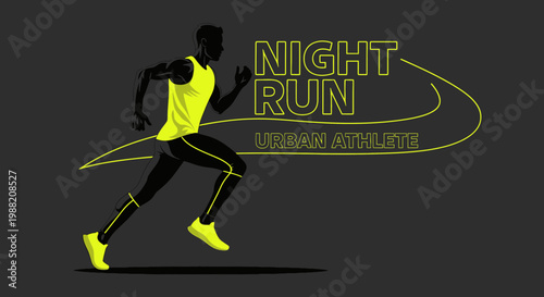 Energetic Silhouette Of Night Runner In Neon Yellow Colors On Dark Background