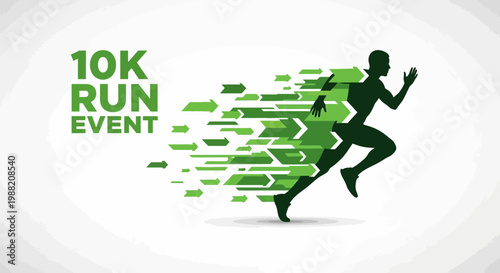 Energetic Runner Silhouette With Arrow Trail Design Represents 10K Run Event Announcement