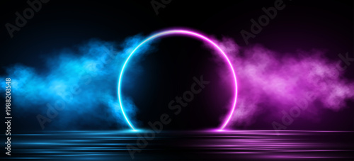 Futuristic scene with glowing blue and purple neon arc over reflective surface and soft smoke clouds. Dark abstract stage background for display your brand product. Vector illustration.