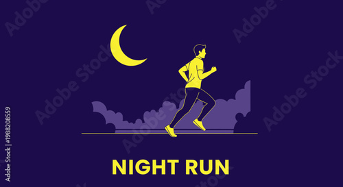 Evening Jogger Silhouette Against the Night Sky With Crescent Moon and Abstract Clouds