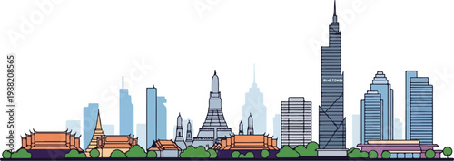 Bangkok city skyline with famous buildings and landmarks, line art illustration