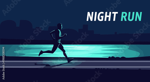 Evening Jogger Silhouette Exercising Near a River Under a Dark Blue Evening Sky