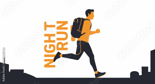 Energetic Silhouette Runner with Backpack Doing Night Run, Urban City Background