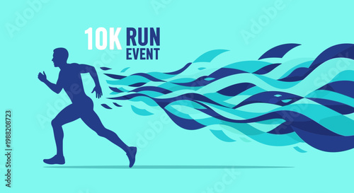 Energetic Runner Silhouetted Against a Dynamic 10K Run Event Background Design