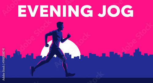 Evening Jogger Silhouetted Against Vibrant Dusk Sky Over Urban Skyline Running