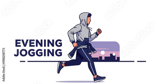 Evening Jogger Silhouetted in Purple Cityscape, Run, Healthiness and Active Lifestyle