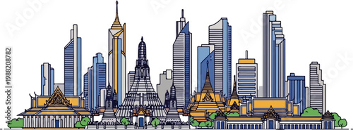 Bangkok city skyline with famous buildings and landmarks, line art illustration