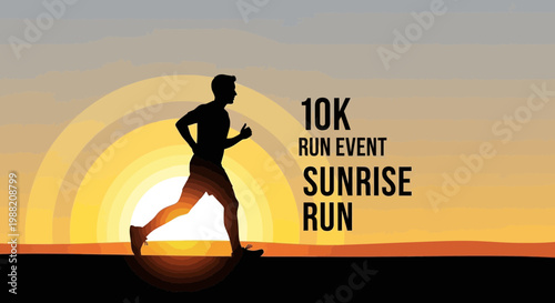 Energetic Runner Silhouetted Against a Golden Sunrise During a 10K Run Event