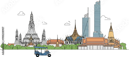 Bangkok city skyline with famous buildings and landmarks, line art illustration