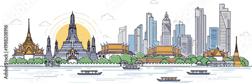 Bangkok city skyline with famous buildings and landmarks, line art illustration