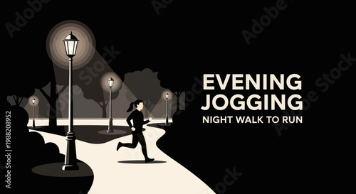 Evening Jogging Silhouette: Night Run Recreation In Illuminated Pathway And Dark Area