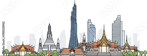 Bangkok city skyline with famous buildings and landmarks, line art illustration