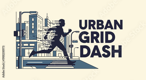 Energetic Runner Silhouetted Against Metropolis, Urban Grid Dash Illustration Concept