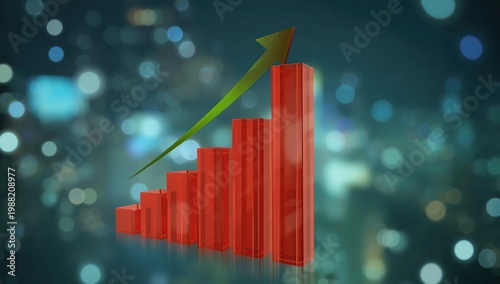 Futuristic 3D bar graph with rising red columns and green upward arrow on bokeh background, symbolizing financial growth, success, and modern business analytics