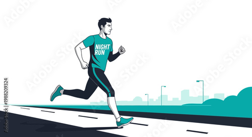 Evening Runner In Motion On The Road Running Toward Urban City Silhouette